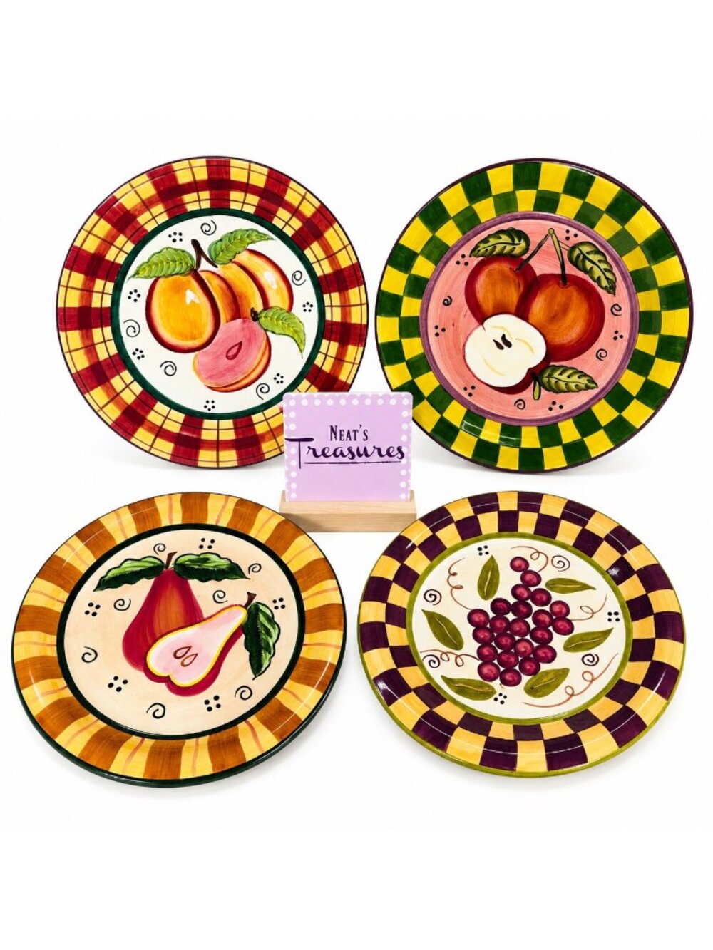 90's CBK,LTD Fruit Motif Checkered Rim Hand-Painted Ceramic Dinner Plates Set 4
